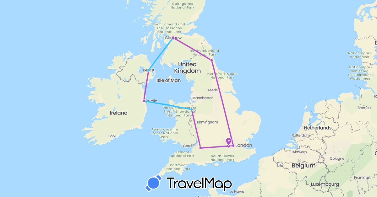 TravelMap itinerary: driving, train, boat in United Kingdom, Ireland (Europe)